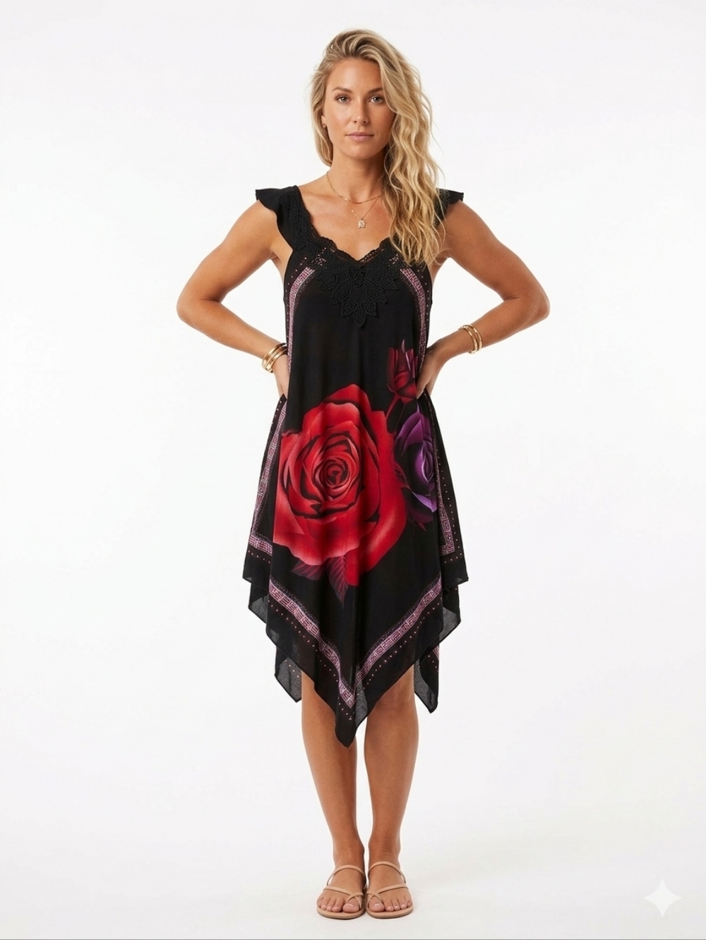 Beautiful Rose Print Handkerchief Hem Top / Mini Dress